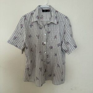 Tapestry Button Down Shirt - Gray Striped with Pink Floral - 18W